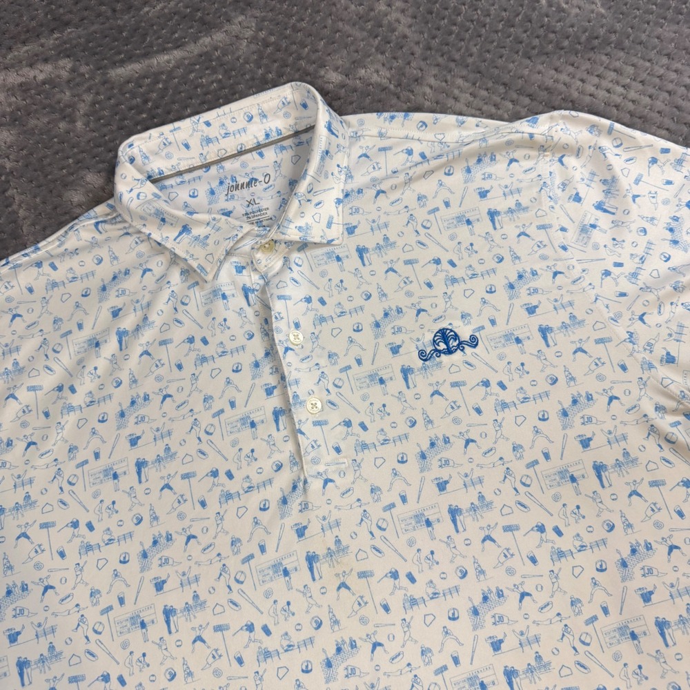Johnnie-O Mens XL White Blue Baseball Print PREP-FORMANCE Polo Shirt Short Sleev